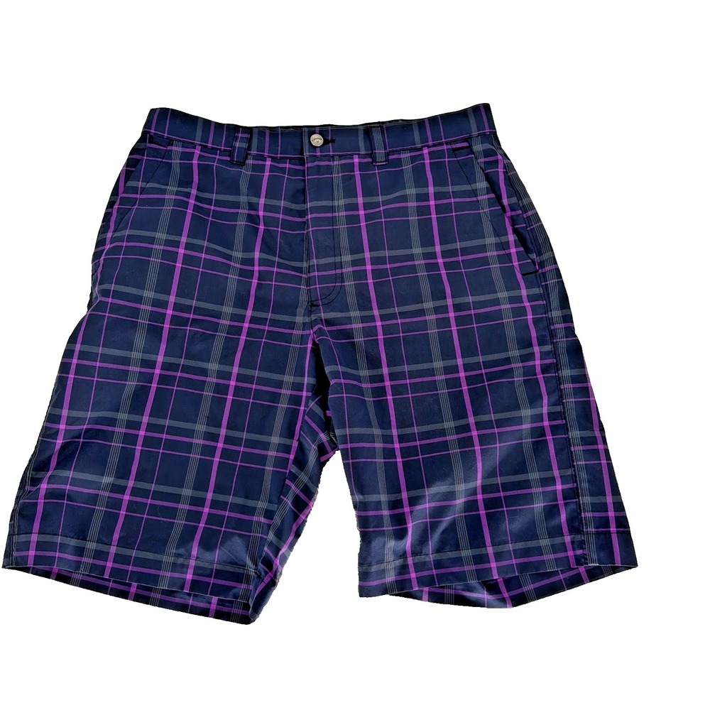 Callaway Mens Golf Shorts 32 Purple Navy Blue Plaid Performance Flat Front